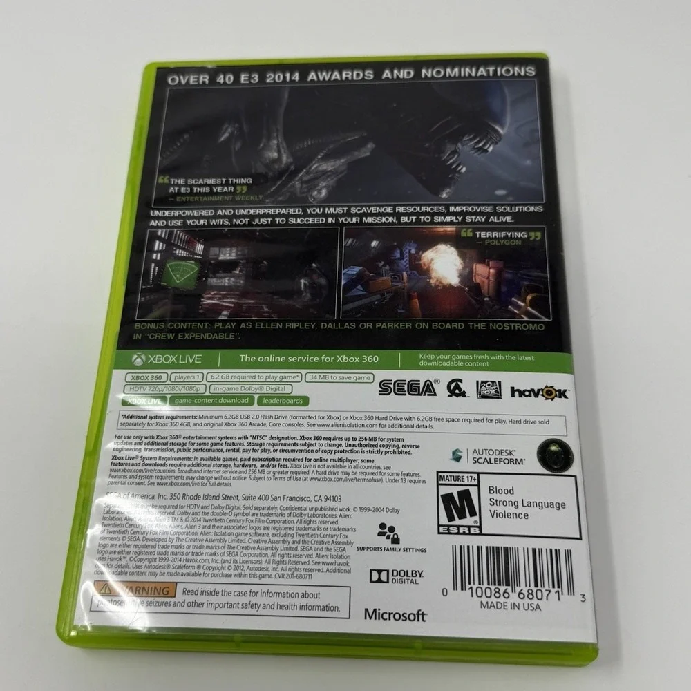 Alien: Isolation Nostromo Edition Microsoft Xbox 360 2014 Tested Working